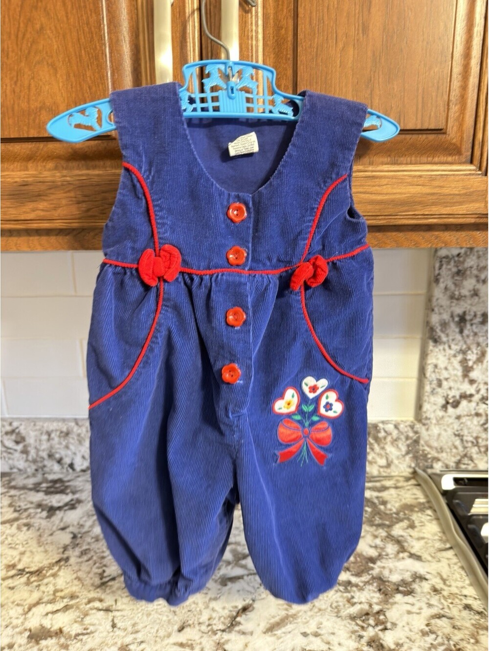 6-9m VINTAGE Blue Corduroy Overall Romper Embroidered Red Heart